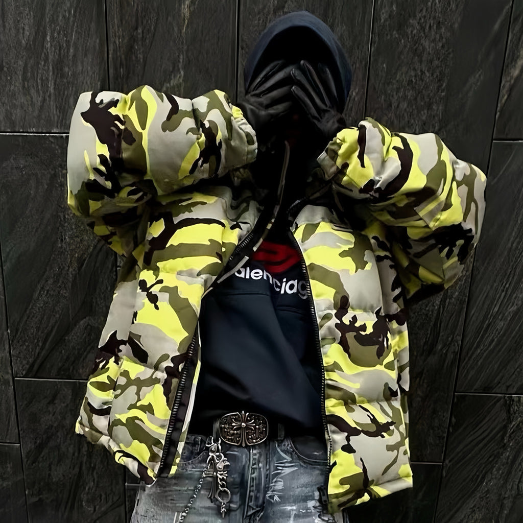 Vetements Men's Winter Standing Collar Zipper Long Sleeve Fitted Drop Shoulder Camouflage Puffer Down Jacket Ngvp #7734