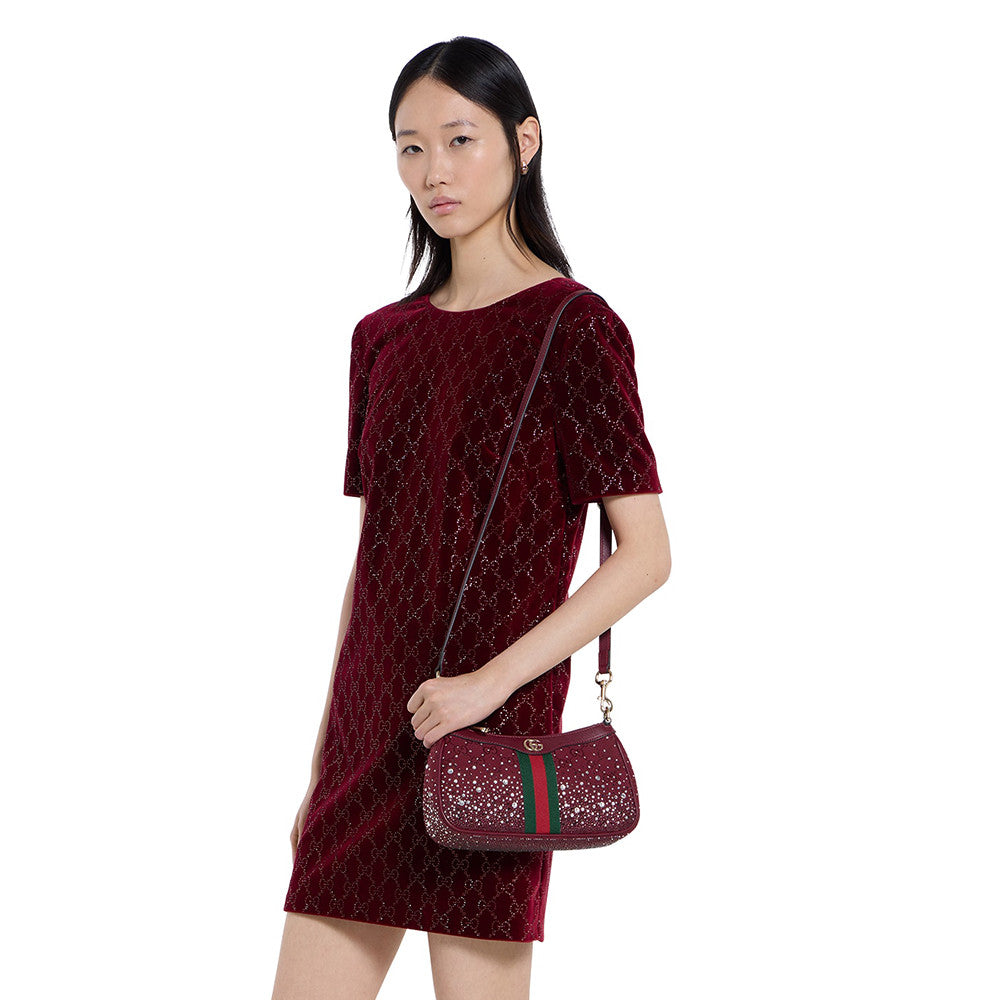 Gucci Ophidia crystals small shoulder bag in Rosso Ancora red GG canvas #335871