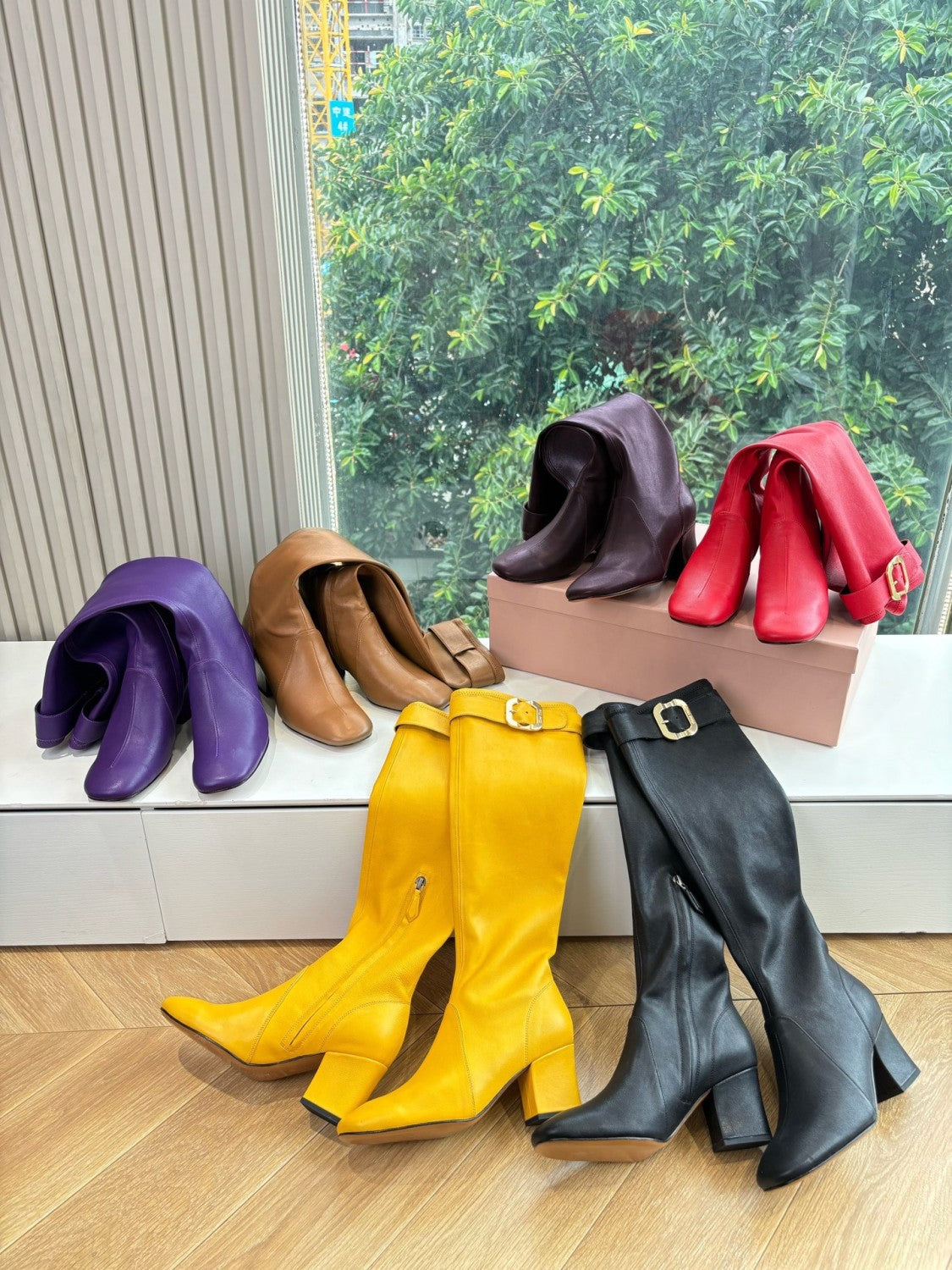 MiuMiu Women's Spring/Fall Fashion Classic Round Toe Cuffed Chunky Heel Solid Color Leather Long Boots Shoes#78718