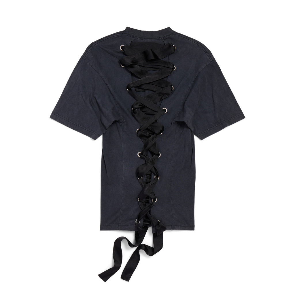 Balenciaga Men's Women's Summer Faded Black Round Neck Plain Knit Lace-Up Done Short Sleeve T-Shirt Ngvp #1761