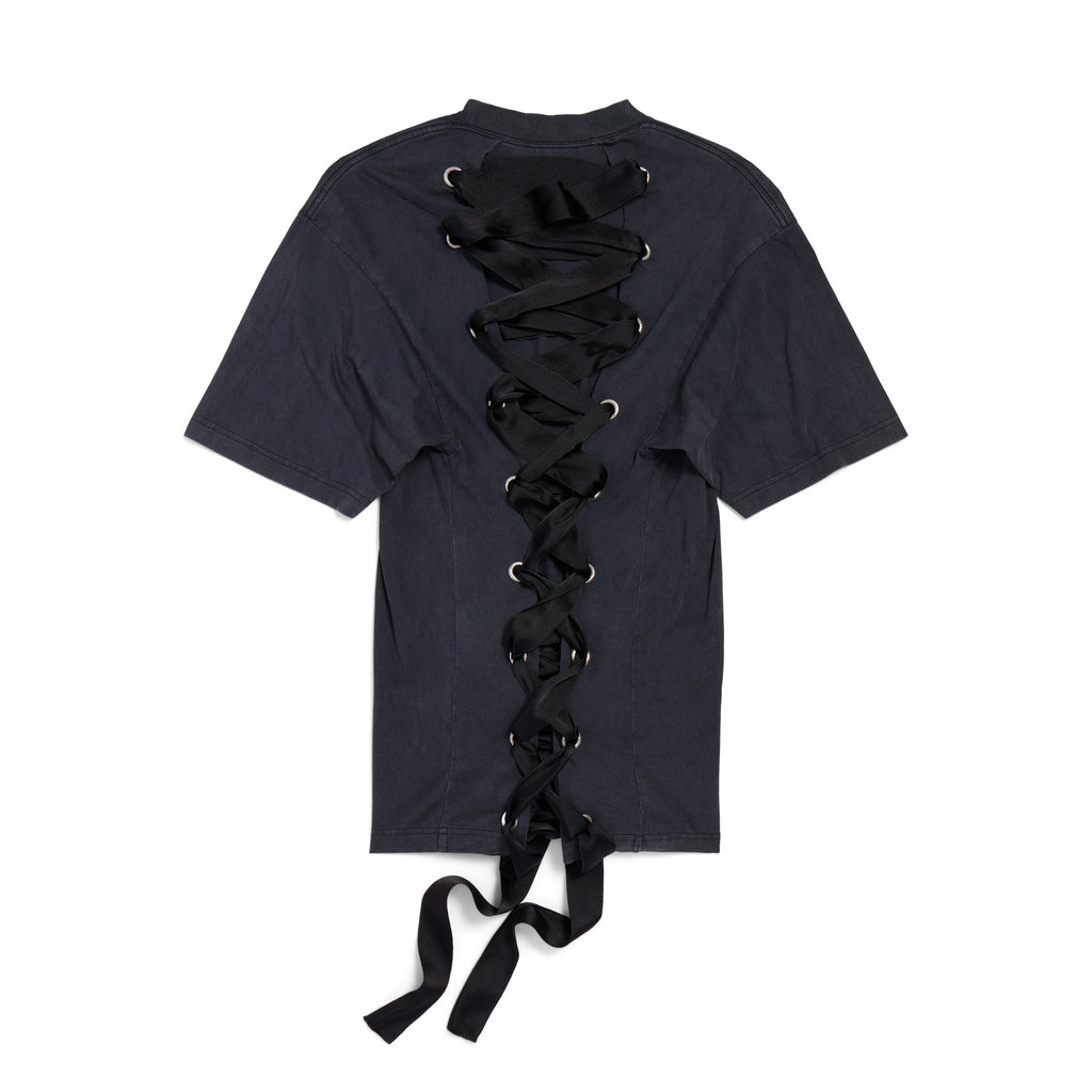 Balenciaga Men's Women's Summer Faded Black Round Neck Plain Knit Lace-Up Done Short Sleeve T-Shirt Ngvp #1761