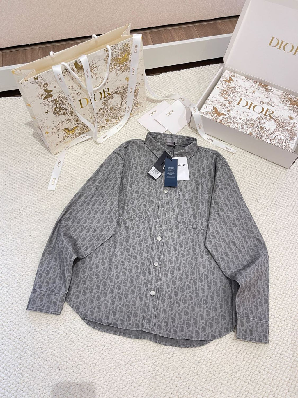 DIOR Men's Grey Cotton Denim Oblique Printed Shirt Blouse Spring Autumn Lapel Single Breasted Fashion Casual Jacket Shirt #71845