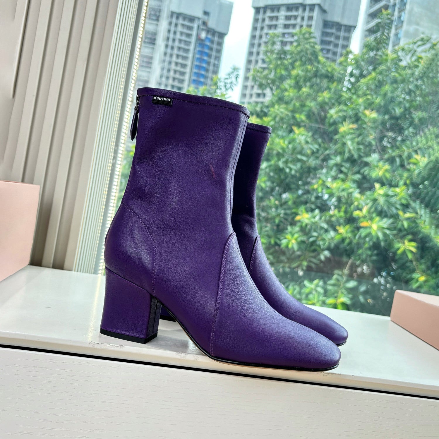 MiuMiu Nappa Women's Spring/Fall Fashion Casual Chunky Heel Leather Round Toe Slip On Zipper Ankle Boots Shoes #78717