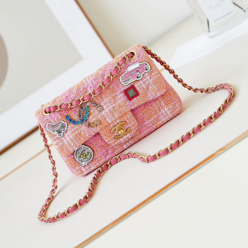 Chanel Women's Pink Chain Tartan Fabric Badge Print Single Shoulder Crossbody Bag Bags #77412