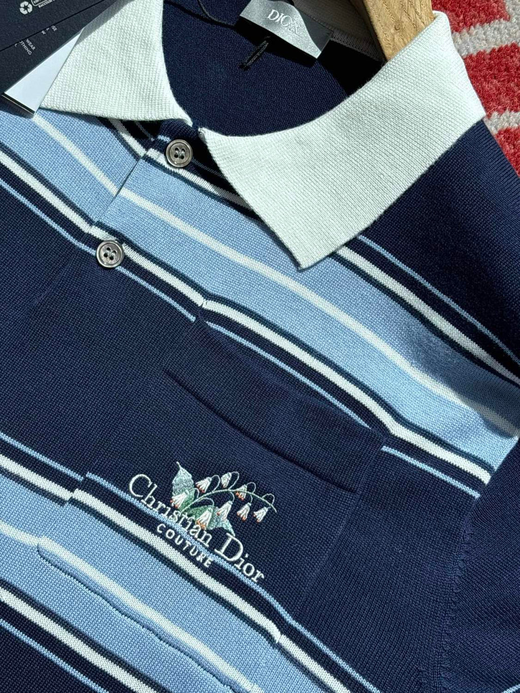 Dior Men's Summer Blue Cotton Plain Knit Fabric Suzuran Embroidery Polo Neck Short Sleeve T-Shirt #76931