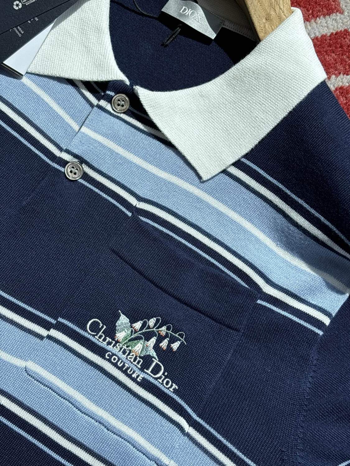 Dior Men's Summer Blue Cotton Plain Knit Fabric Suzuran Embroidery Polo Neck Short Sleeve T-Shirt #76931