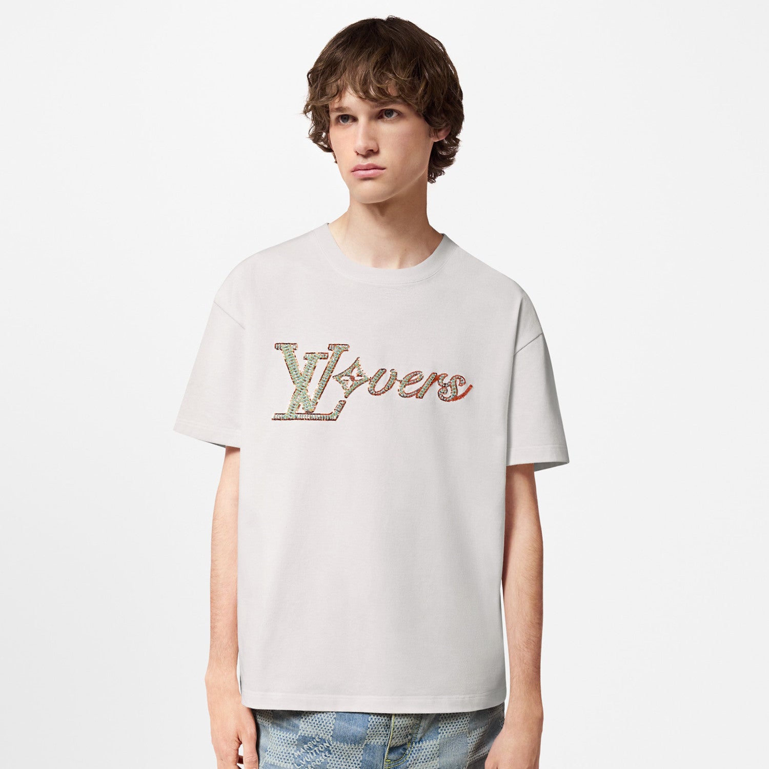 Louis Vuitton Men's Summer Embroidery Beaded Letter Logo White Round Neck Short Sleeve T-Shirt #99737
