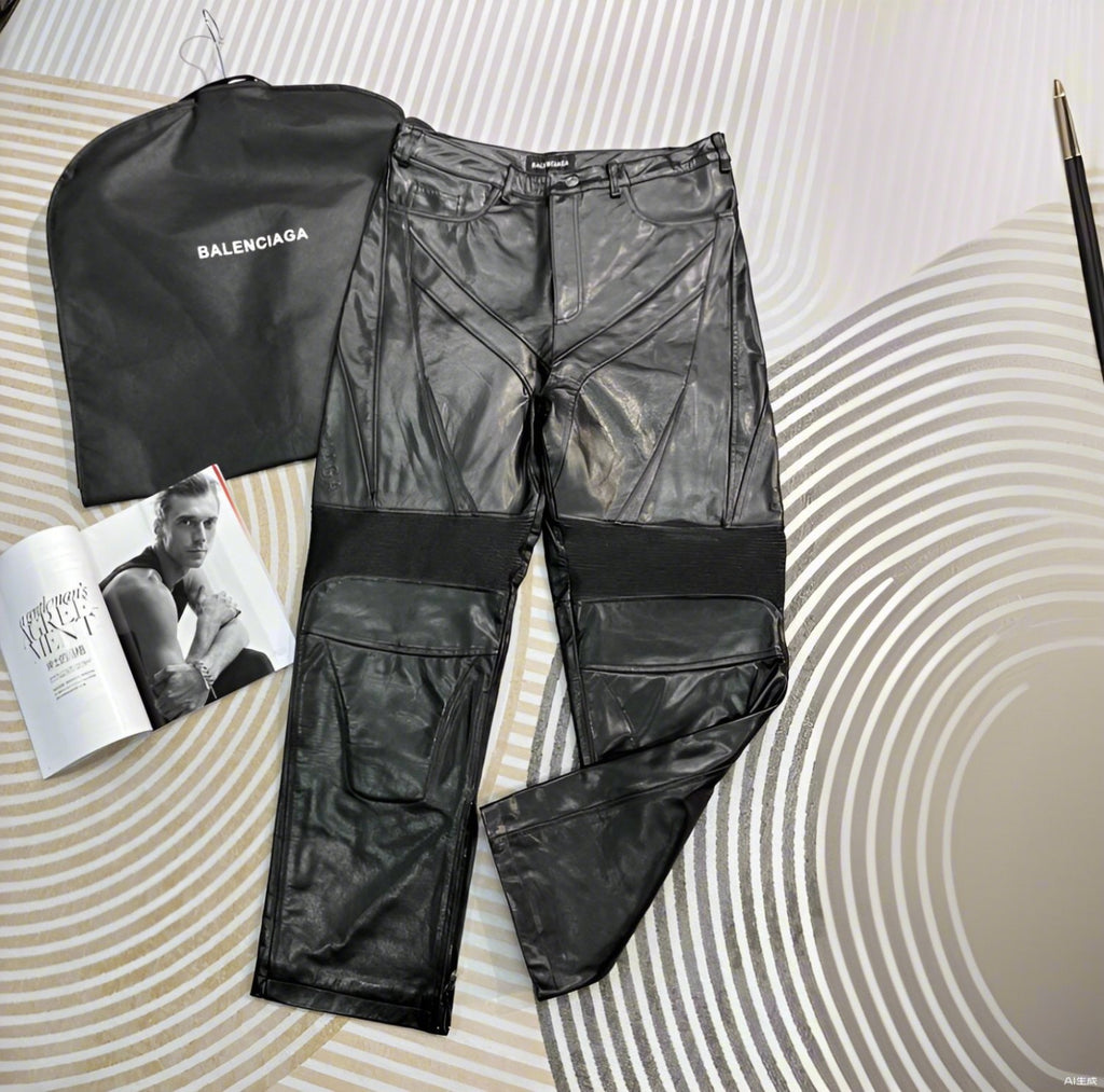 Balenciaga Men's Spring And Fall Monogrammed Black Zipper Long Sleeve Leather Biker Jacket Leather Pants Suit Set #73678