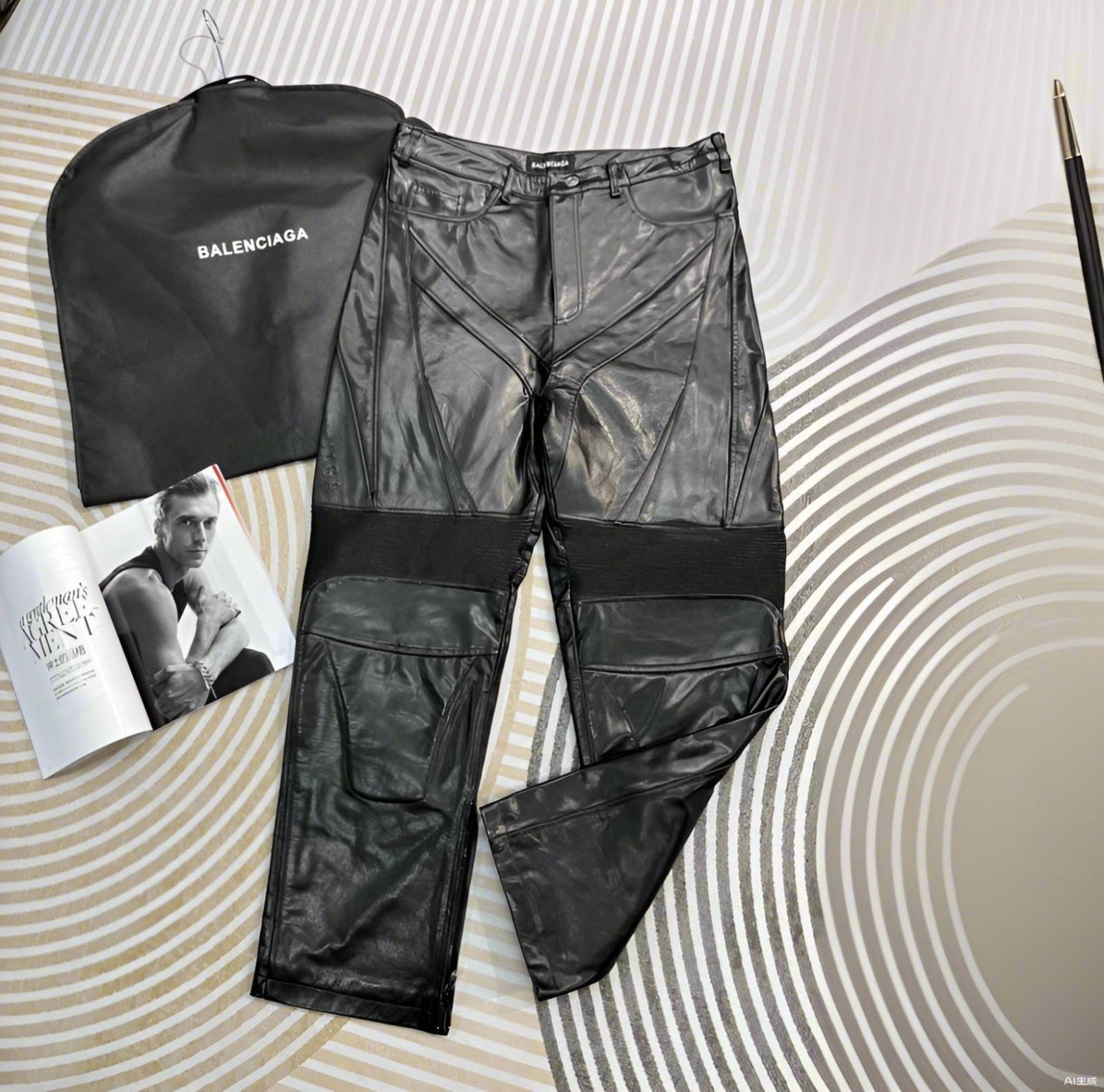 Balenciaga Men's Spring And Fall Monogrammed Black Zipper Long Sleeve Leather Biker Jacket Leather Pants Suit Set #73678