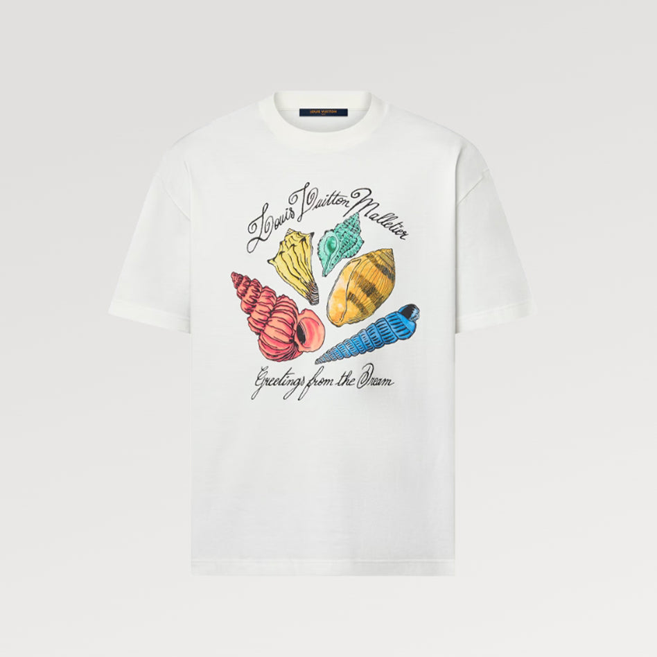 Louis Vuitton Men's Women's Summer Letter Shell Printed Cotton Short Sleeve Casual Fit White T-Shirt #71351