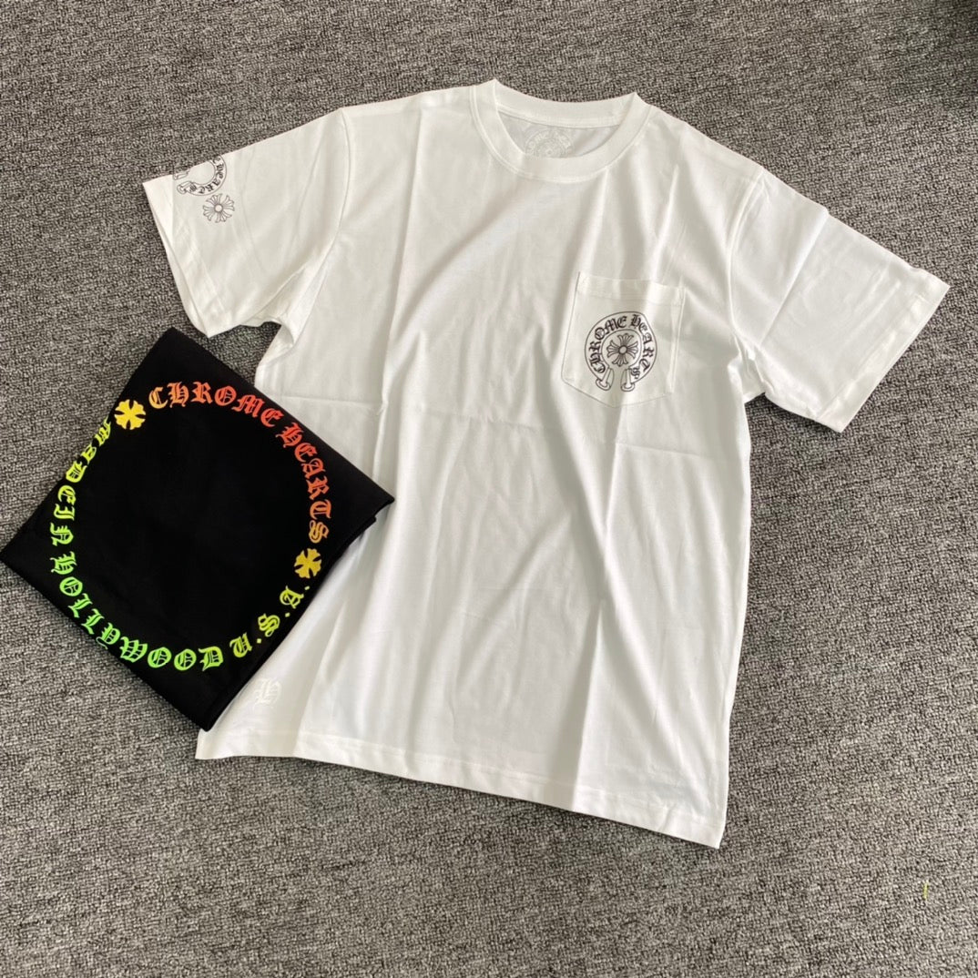 Chrome Hearts Men's Summer Colourful Sanskrit Print Solid Round Neck Cotton Short Sleeve T-Shirt #76815