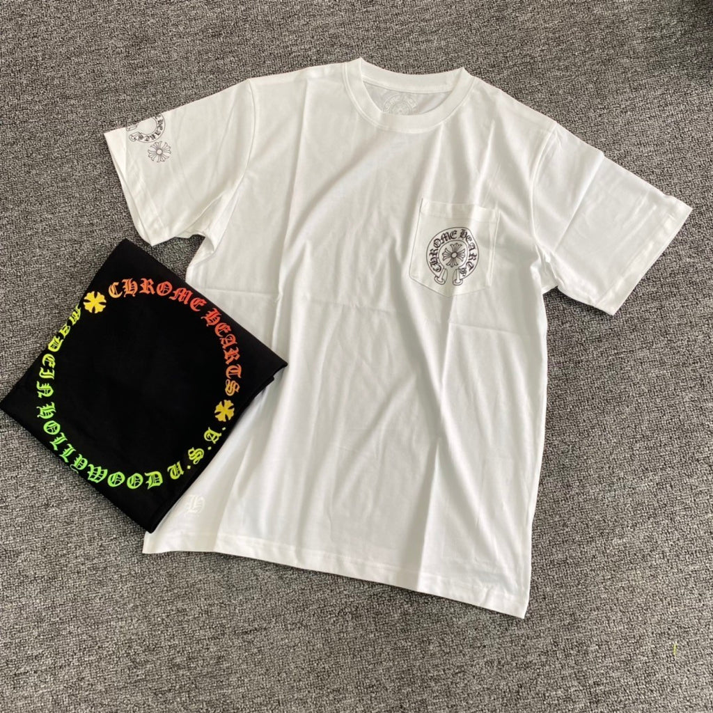Chrome Hearts Men's Summer Colourful Sanskrit Print Solid Round Neck Cotton Short Sleeve T-Shirt #76815