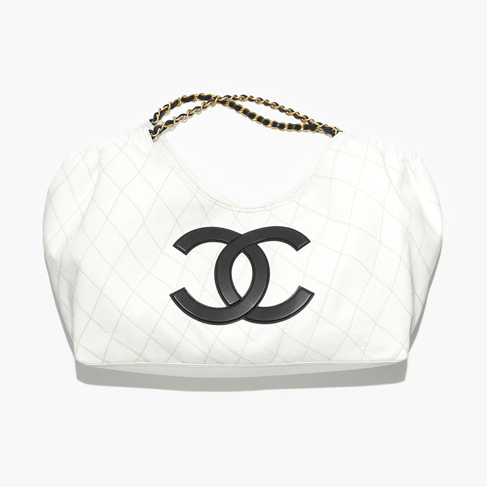 Chanel 26m Coco Beach Large Drawstring Beach Tote Bag In White With Black Double C Logo Stylish Elegant Chain-strap Bags Lady  Bags #197029