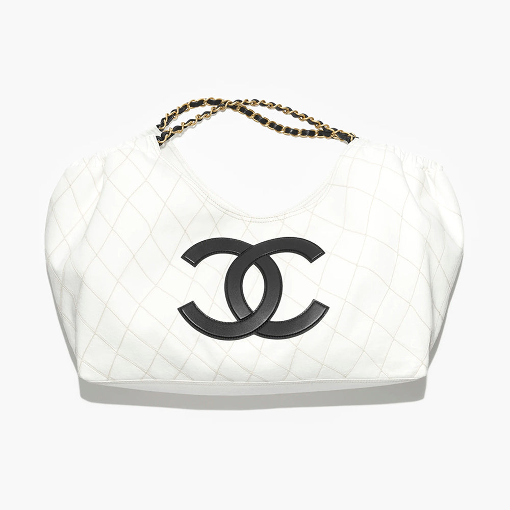 Chanel 26m Coco Beach Large Drawstring Beach Tote Bag In White With Black Double C Logo Stylish Elegant Chain-strap Bags Lady  Bags #197029