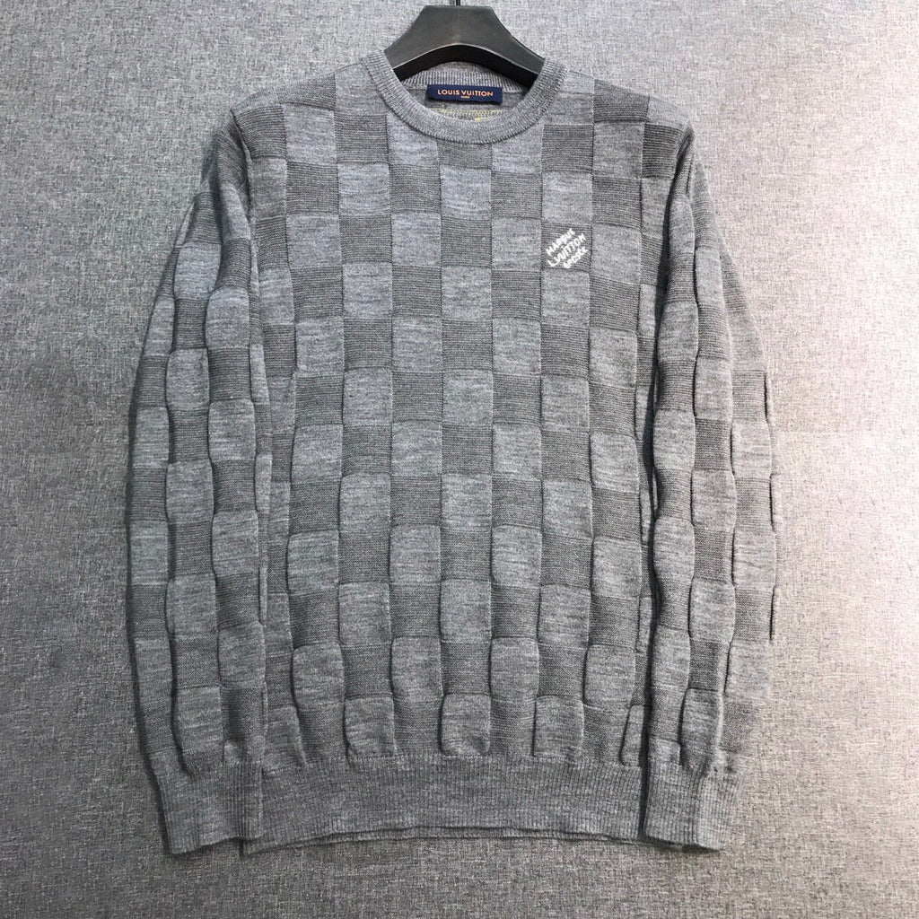 Louis Vuitton Men's Spring and Autumn Solid Color Check Printed Wool Round Neck Long Sleeve Knitted Sweater #74211