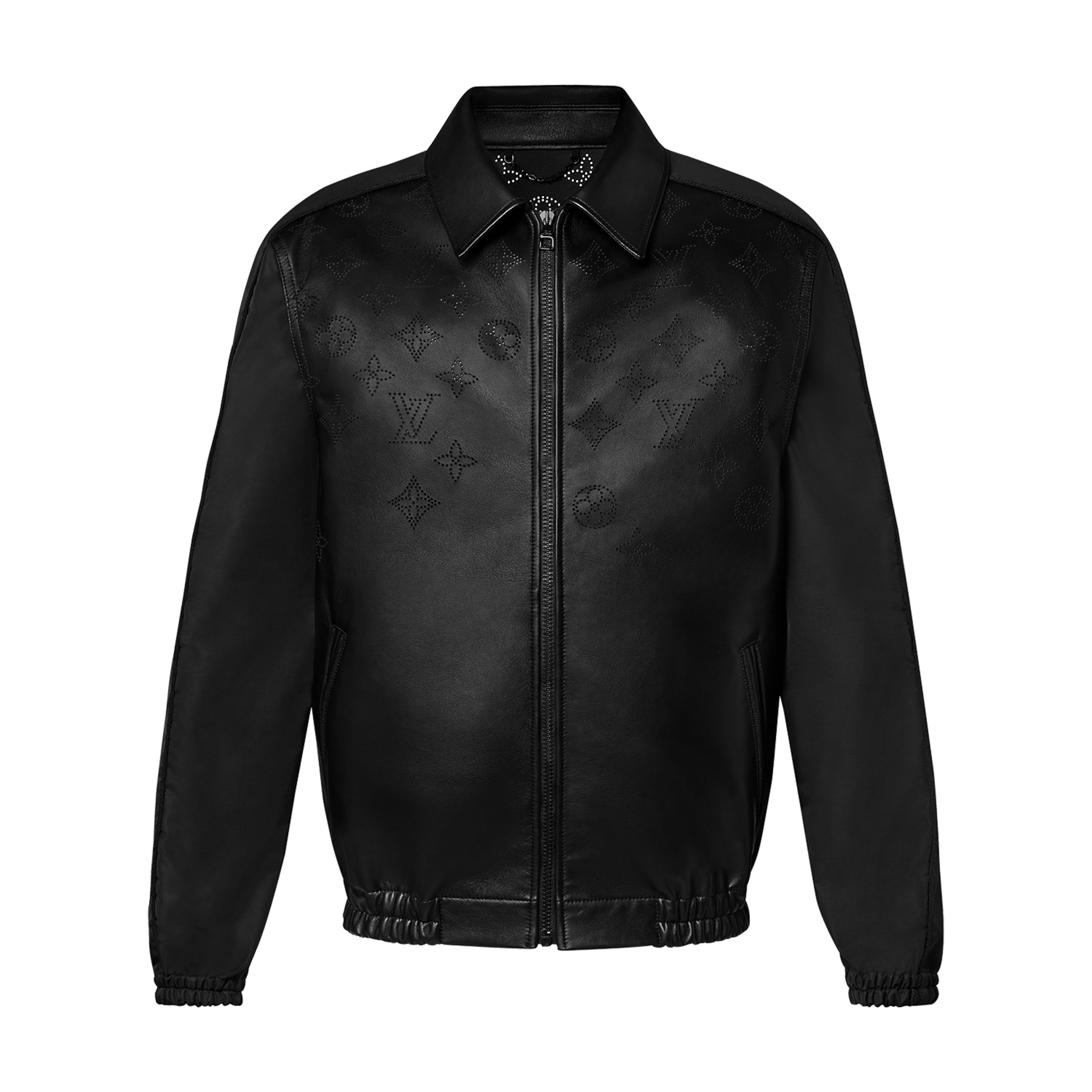 Louis Vuitton Perforated Mix Leather Blouson Men's Fall/Winter Black Zipper Long Sleeve Perforated Logo Mixed Leather Jacket #98653