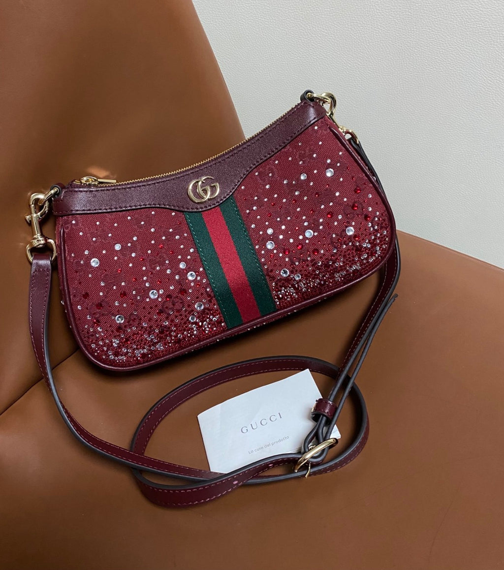 Gucci Ophidia crystals small shoulder bag in Rosso Ancora red GG canvas #335871
