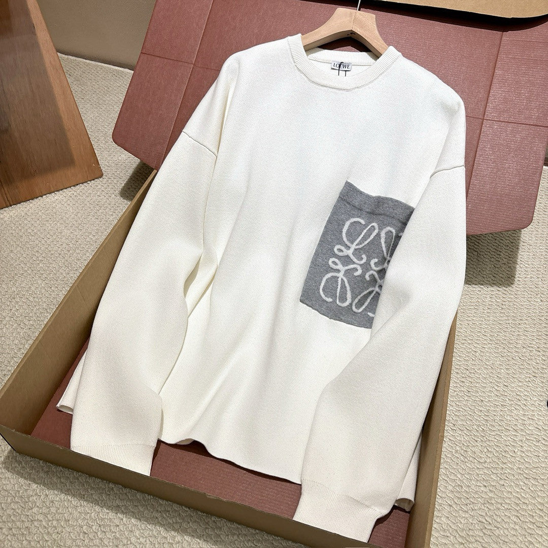 Loewe Men's And Women's Spring/fall Fashion Casual Crewneck Pullover Two Tone Patchwork Logo Knit Sweatshirt #79248