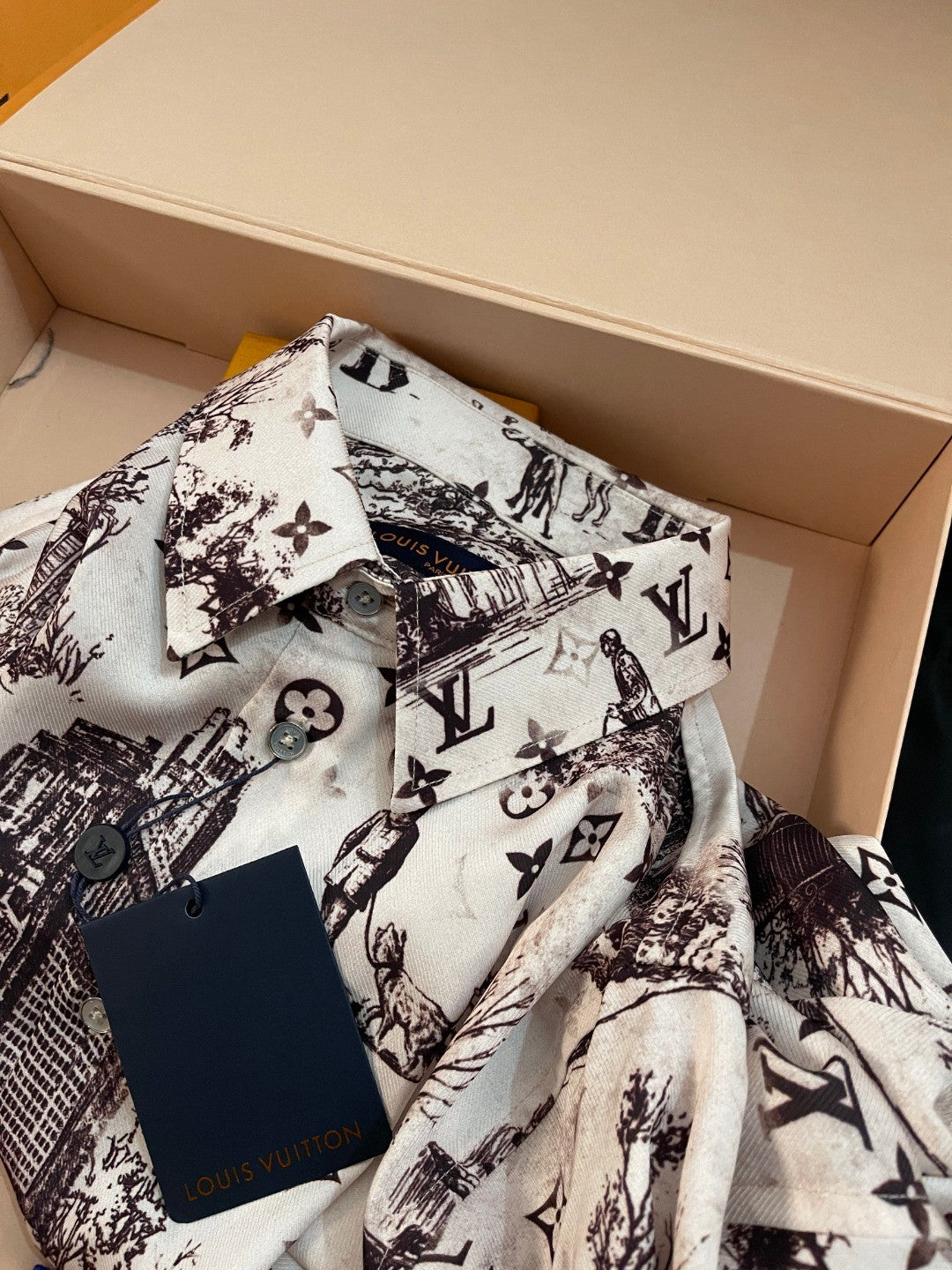 Louis Vuitton Men's Spring. Summer And Fall Logo Full Print Lapel Solid Color Long Sleeve Silk Shirt #71833