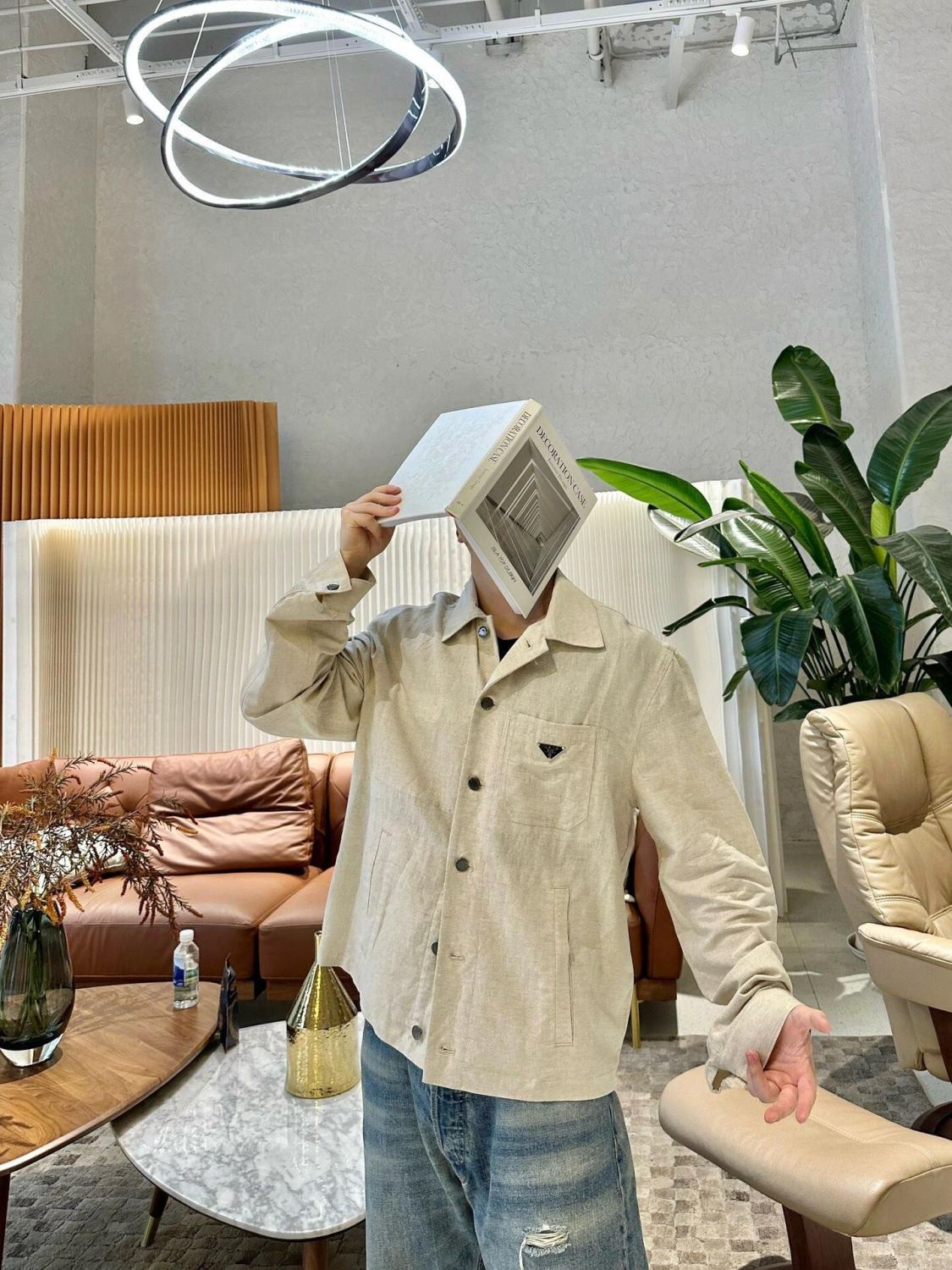 Prada Men's Spring And Fall Beige Lapel Single Breasted Long Sleeved Shirt Jacket #72511