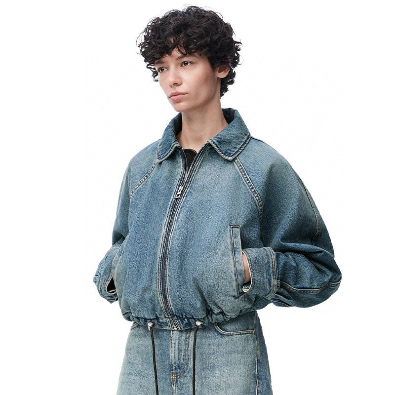 Loewe Women's Spring/Fall High-Street Lapel Zipper Drawstring Solid-Color Denim Jacket #81716