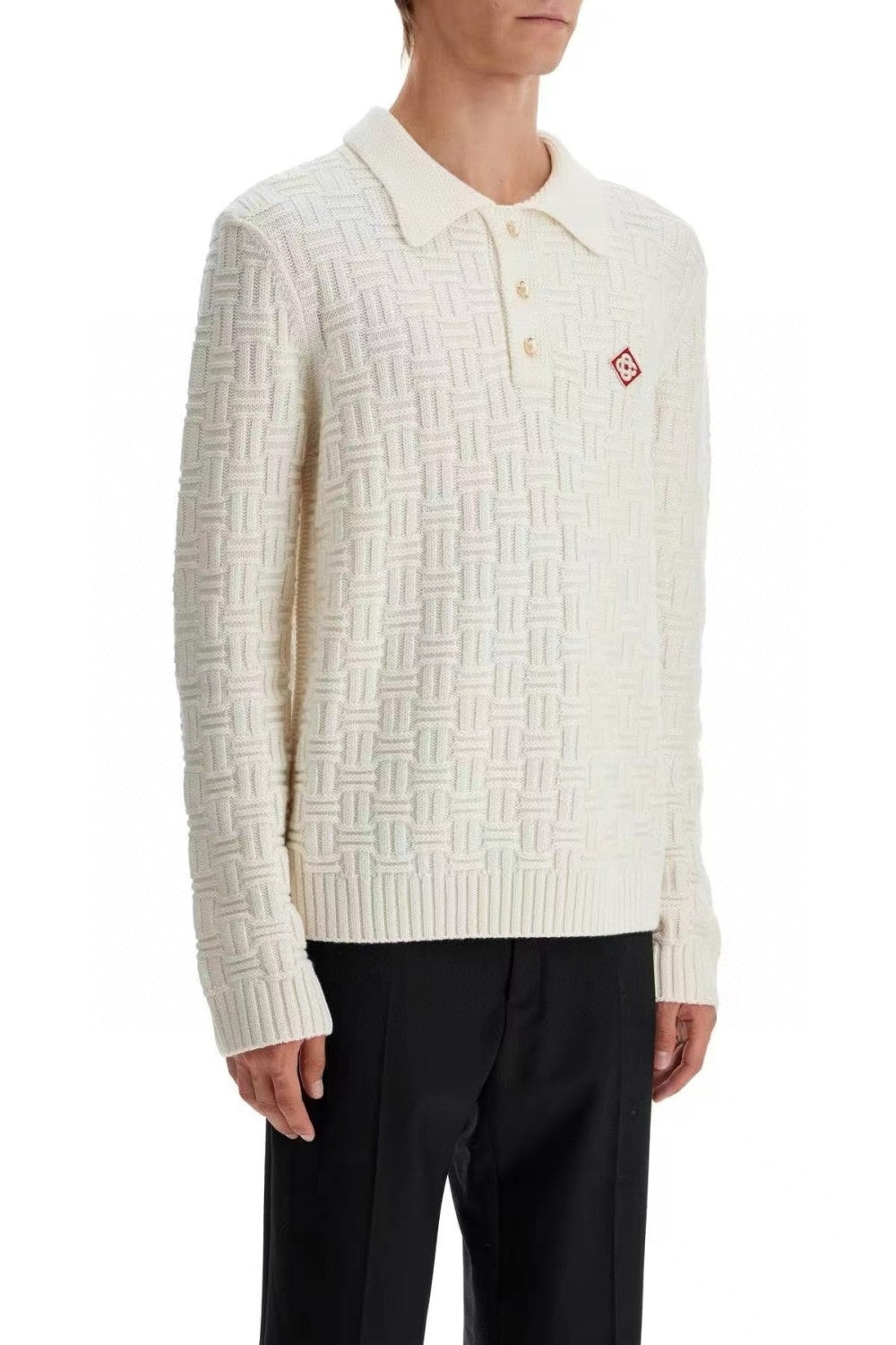 Casablanca Men's Spring Spring Autumn Beige Cozy Pullover Wool Polo Neck Knit Long Sleeve Sweater #73574
