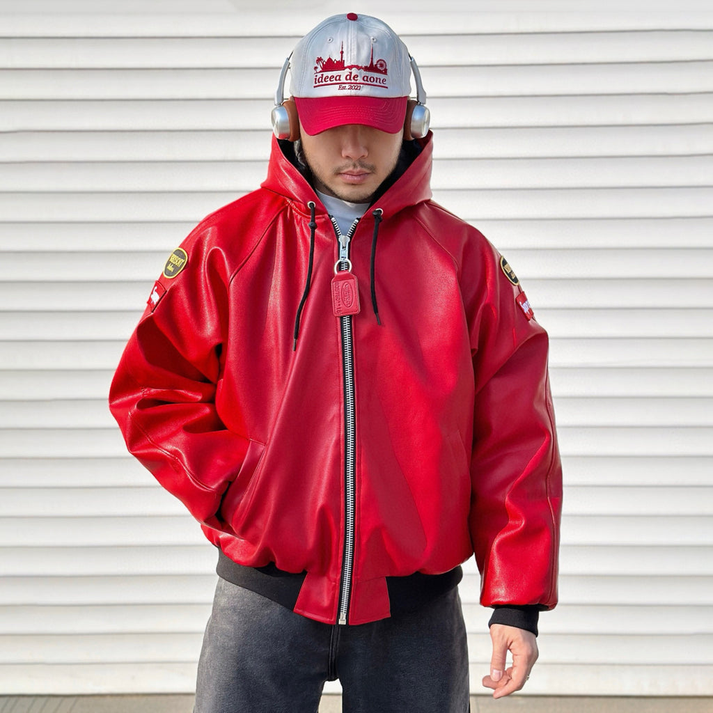 Supreme x Vanson Leathers Men's and Women's Spring and Fall Sleeve Logo Embroidered Patch Zipper Closure Hooded Leather Jacket #75186