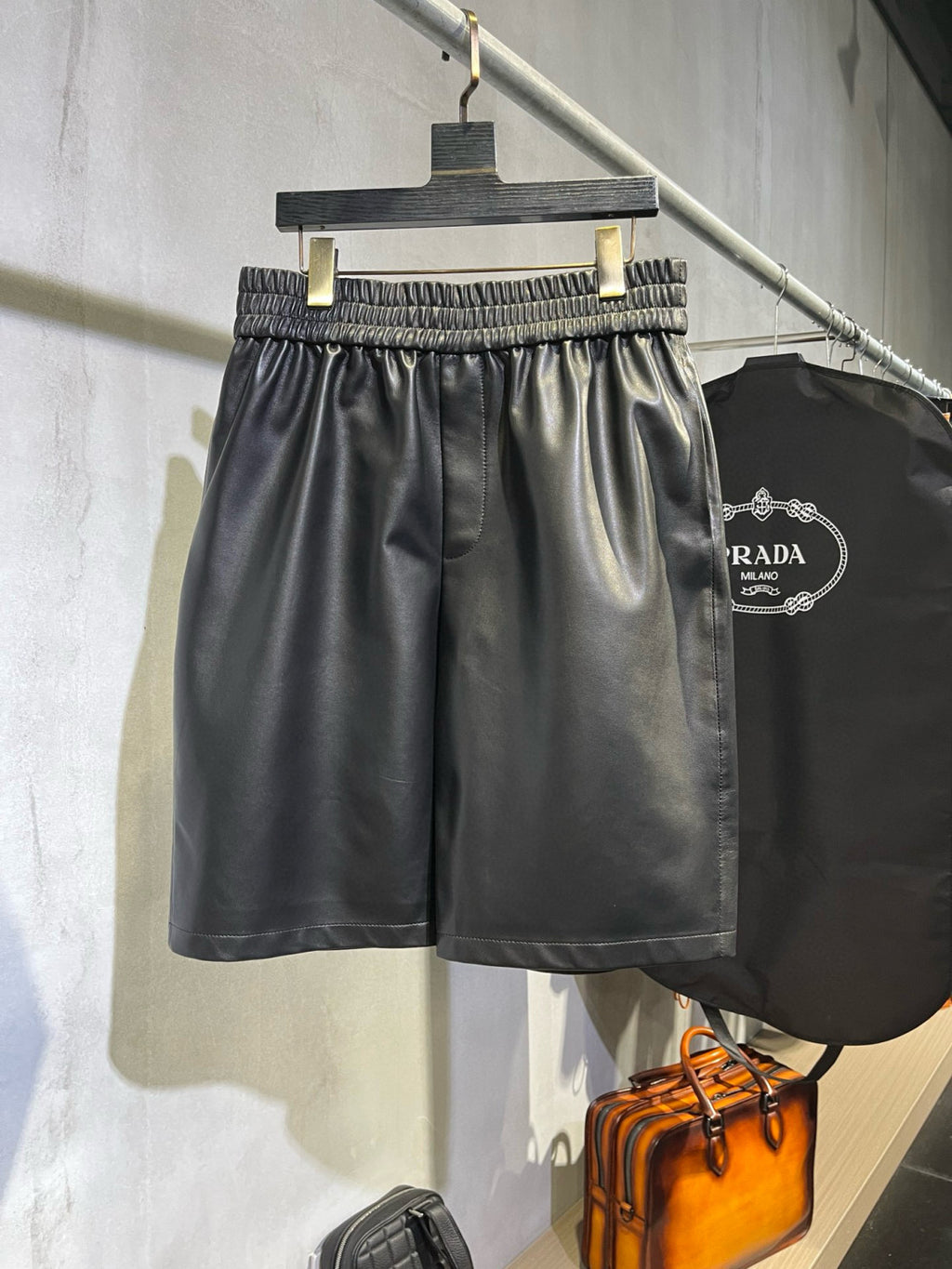 Prada Men's Summer Solid Color Leather Single Breasted Short Sleeve Shirt Stretch Shorts Set Suit #98895