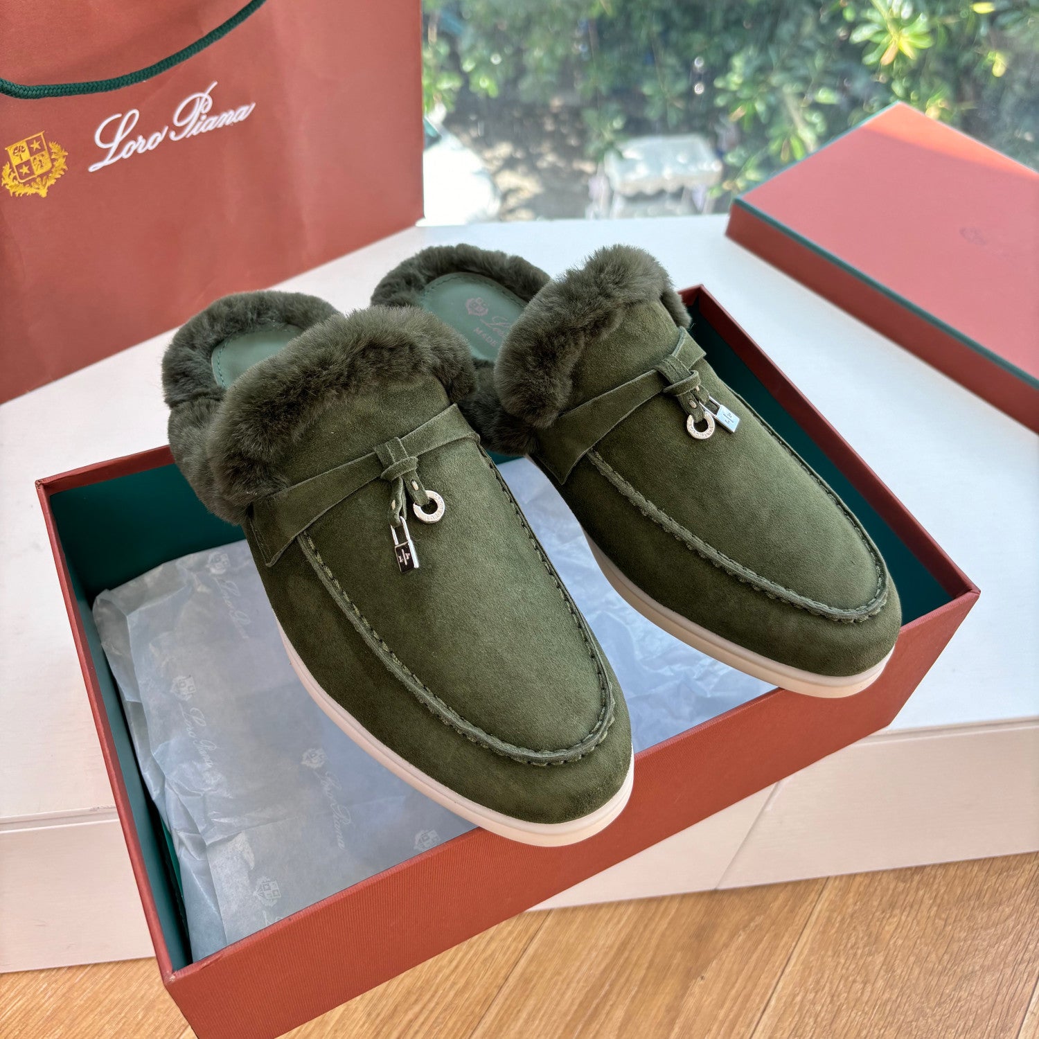 Loro Piana Women's Autumn/Winter Fashion Casual Suede Round Toe Flat Loafers With Exposed Heels Shoes #78312