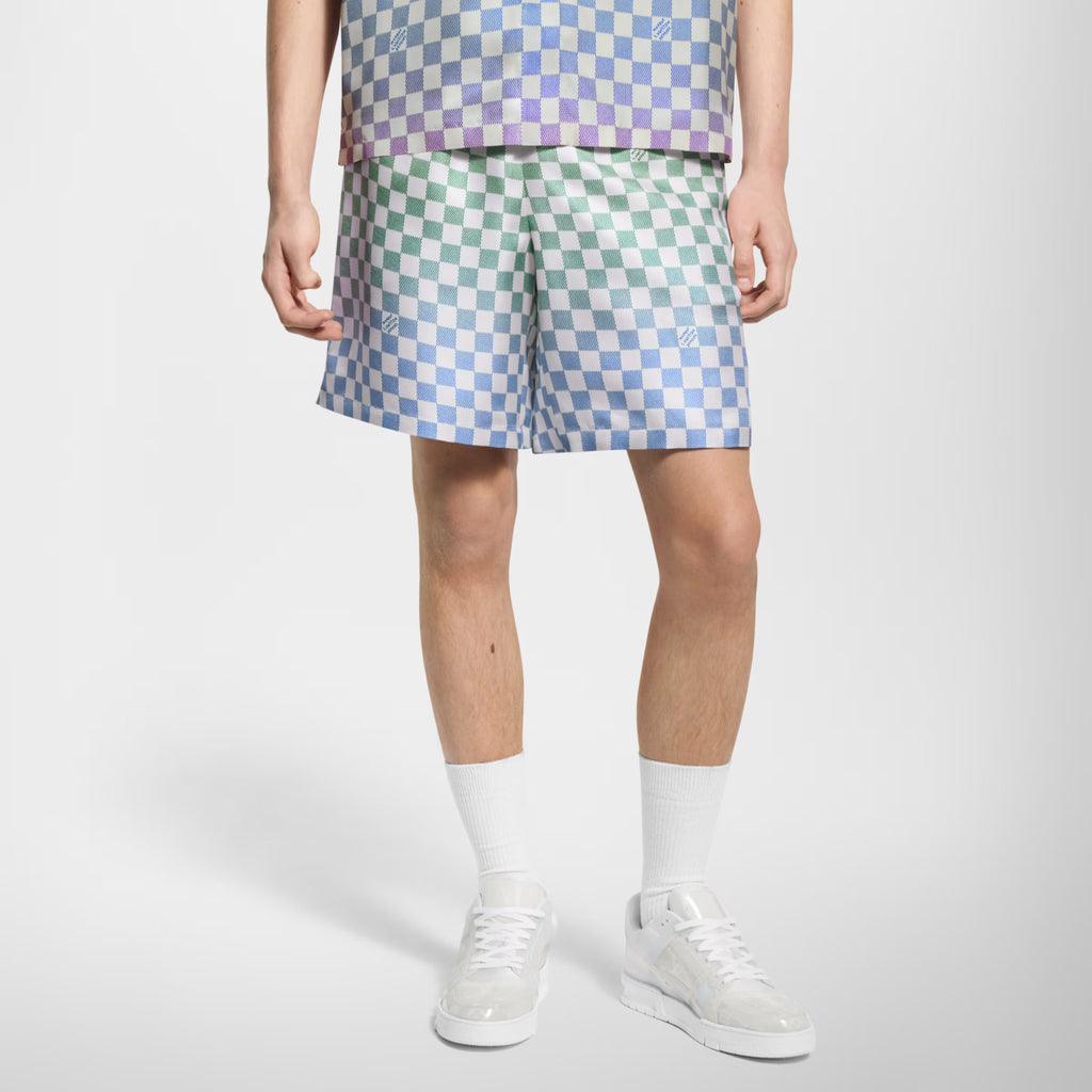 Louis Vuitton Men's Spring/Summer Damier Gradient Printed Mulberry Silk Short Sleeve Polo Shirt Casual Elastic Waist Shorts #81171