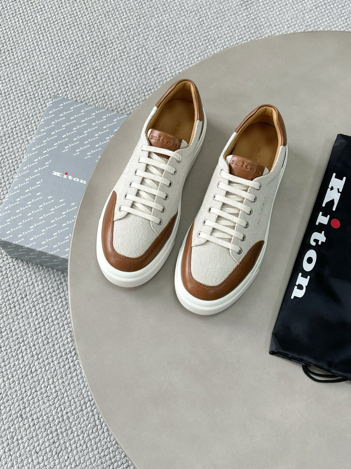 Kiton Men's Four Seasons Colour Block Canvas Leather Low Top Flat Lace Up Casual Shoes #76987