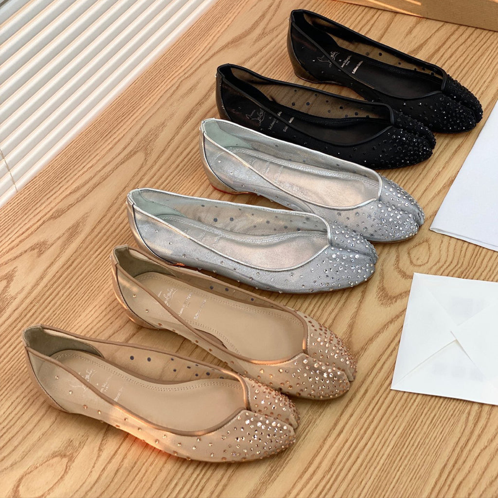 Christian Louboutin X Maison Margiela Women's Spring And Summer New Mesh Temperament Rhinestone Split Toe Flat Shoes Versatile Ballet Shallow Mouth Single Shoes Ngvp #1494