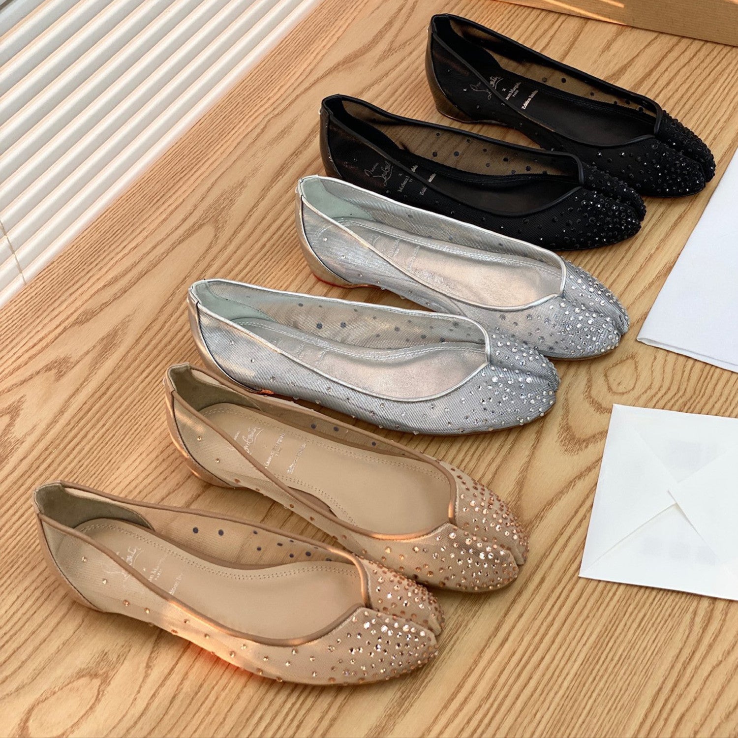 Christian Louboutin X Maison Margiela Women's Spring And Summer New Mesh Temperament Rhinestone Split Toe Flat Shoes Versatile Ballet Shallow Mouth Single Shoes Ngvp #1494