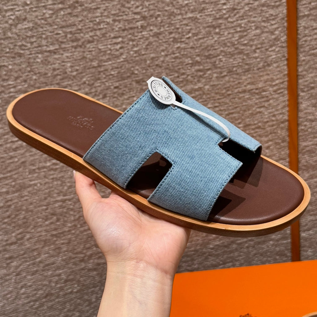 Hermes  Men's Summer Izmir Sandals Embroidered Leather Cowboy Round Toe Flat Casual Slippers Shoes #81317