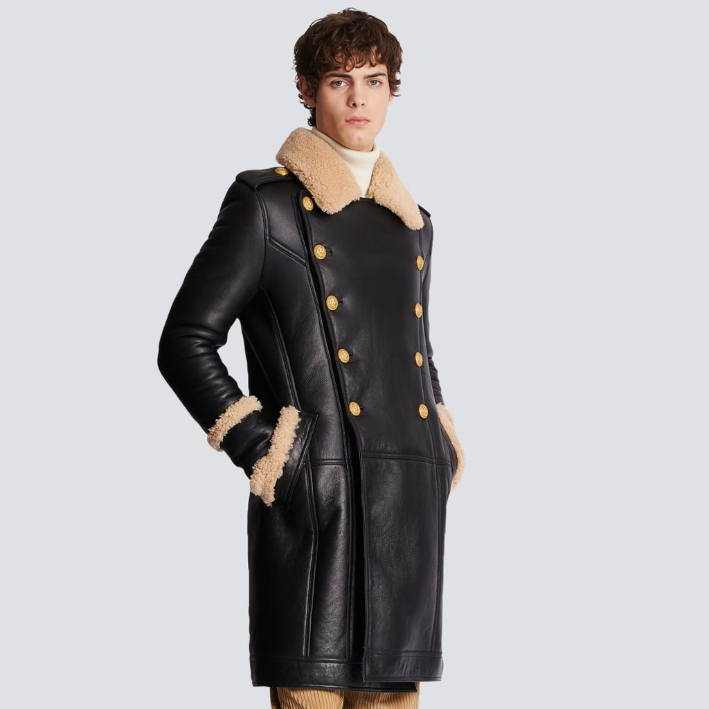 Balmain Men's Winter Solid Color Double Breasted Lapel Fashion Long Fit Fur Coat Ngvp #7427