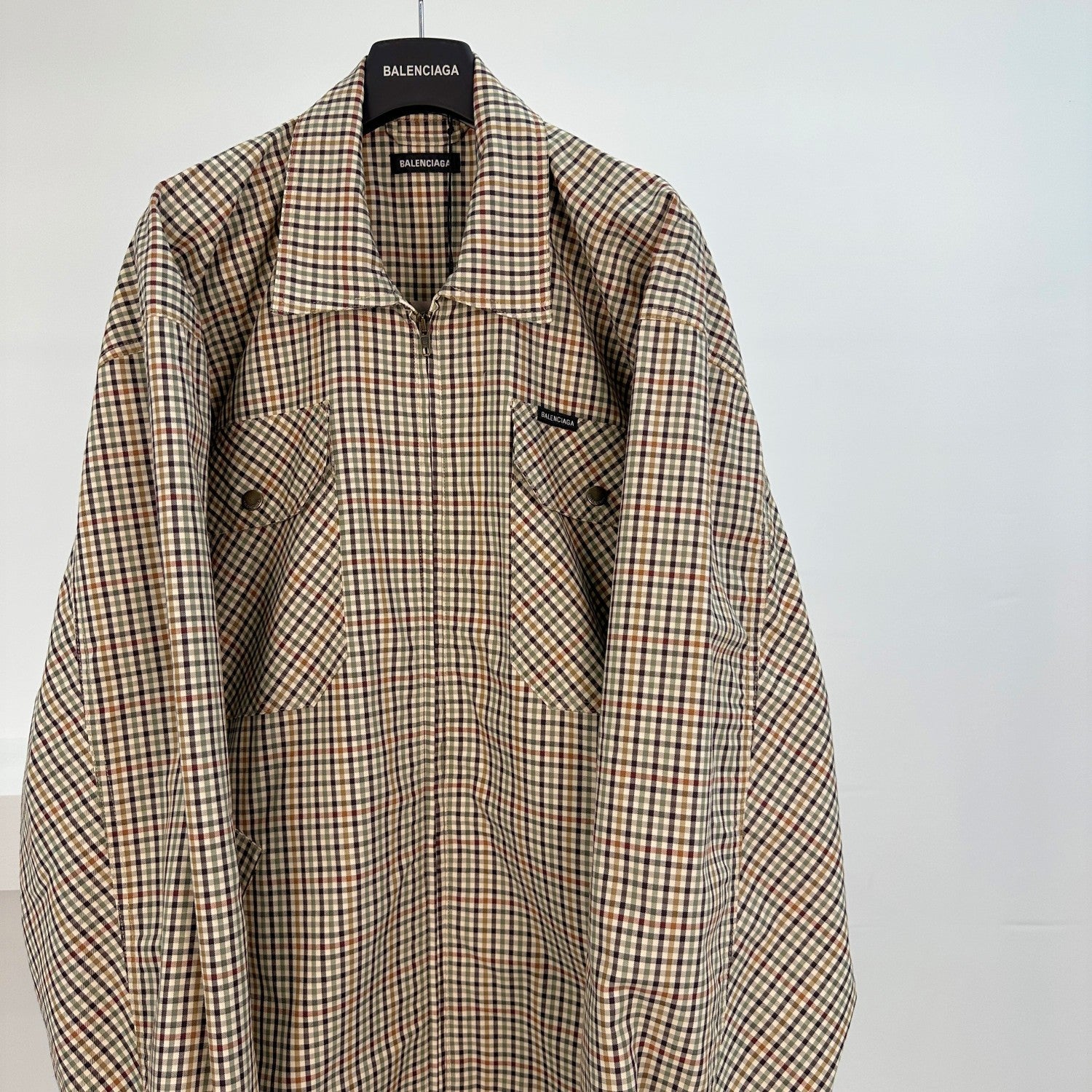 Balenciaga Men's Spring/Autumn Fashion Casual Checkered Collar Zipper Loose Long Sleeved Shirt #78321