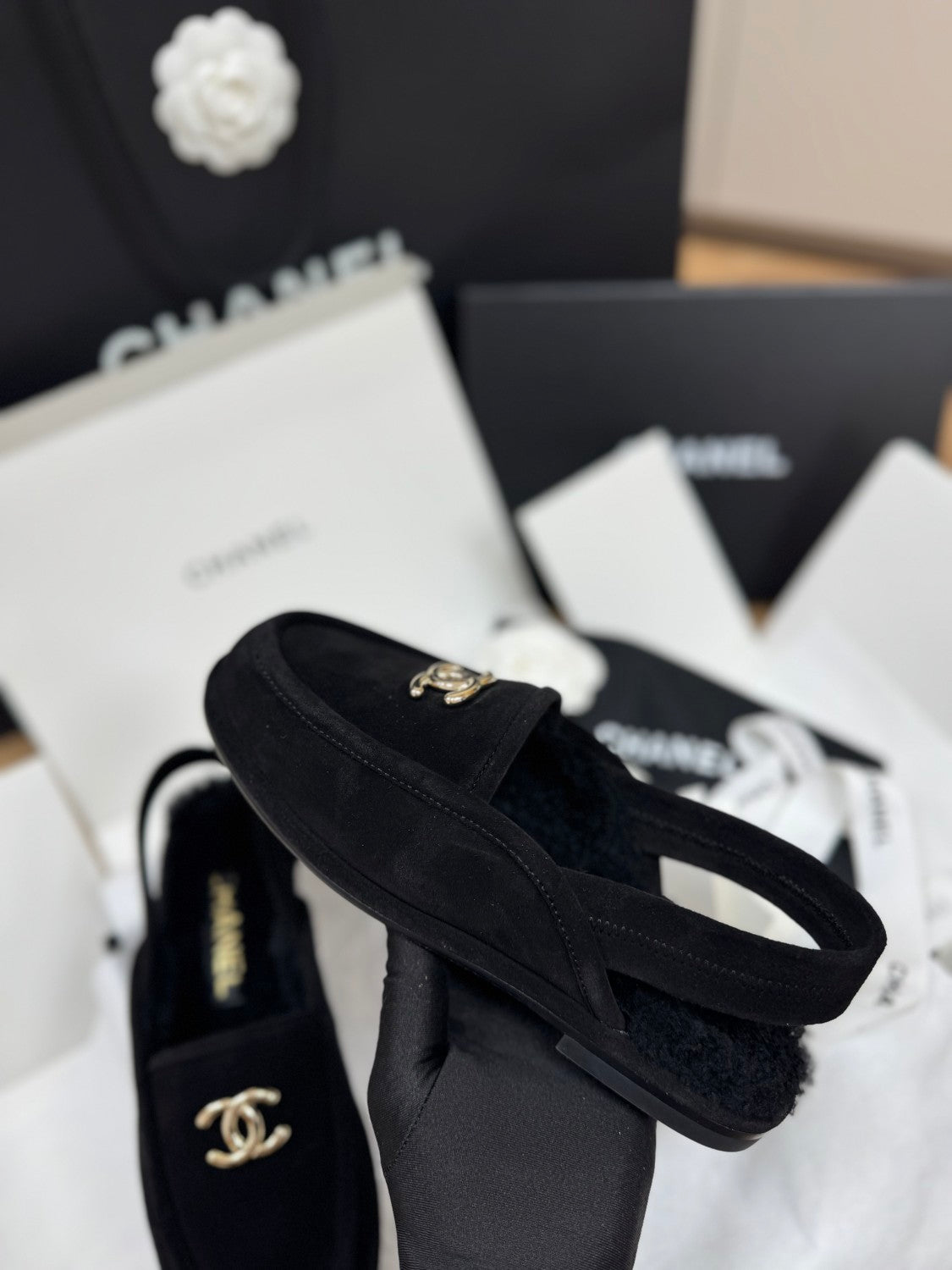 Chanel Women's Fall/Winter Casual Round Toe Slip On Teddy Fur Logo Flat Mules Shoes #79254