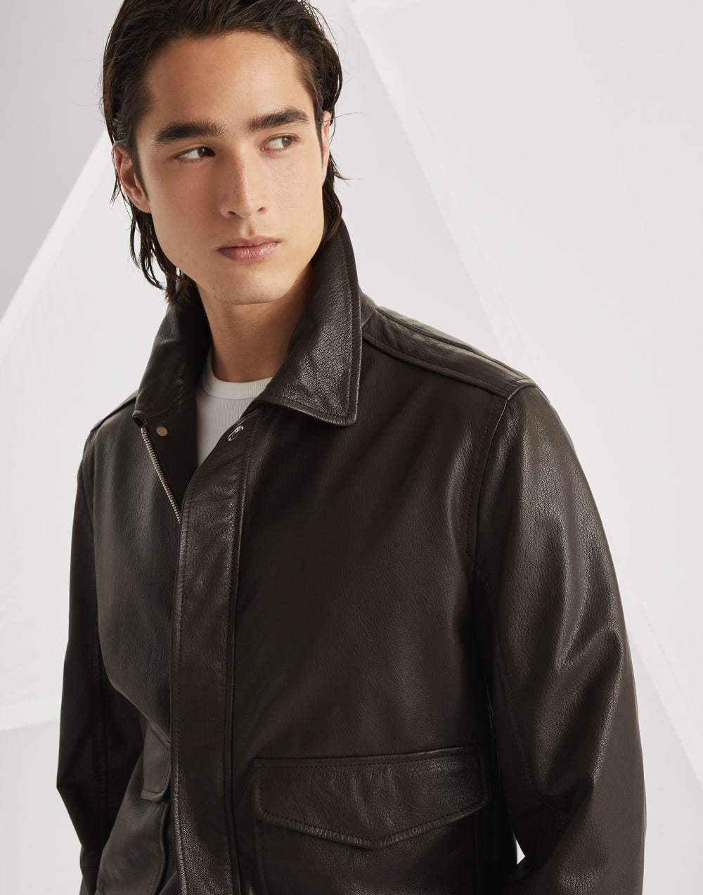 Brunello Cucinelli Men's Spring/Autumn Sheepskin Solid Color Zipper Collar Long Sleeve Grained Leather Aviator Jacket Ngvp #2286