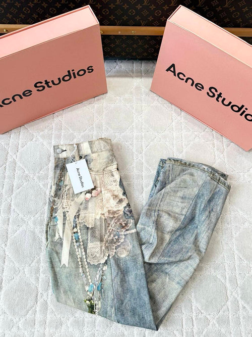 Acne Studios Men's & Women's Lace Pearl Chain 3D Print Four-Season Relaxed Mid-Rise Straight-Leg Curved Hem Denim Pants #81549
