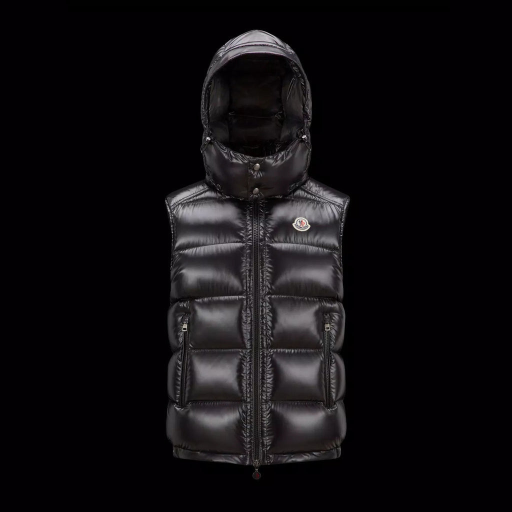 Moncler Men's Winter Black Solid Colour Logo Label Zip Hooded Down Short Waistcoat Vest #97646