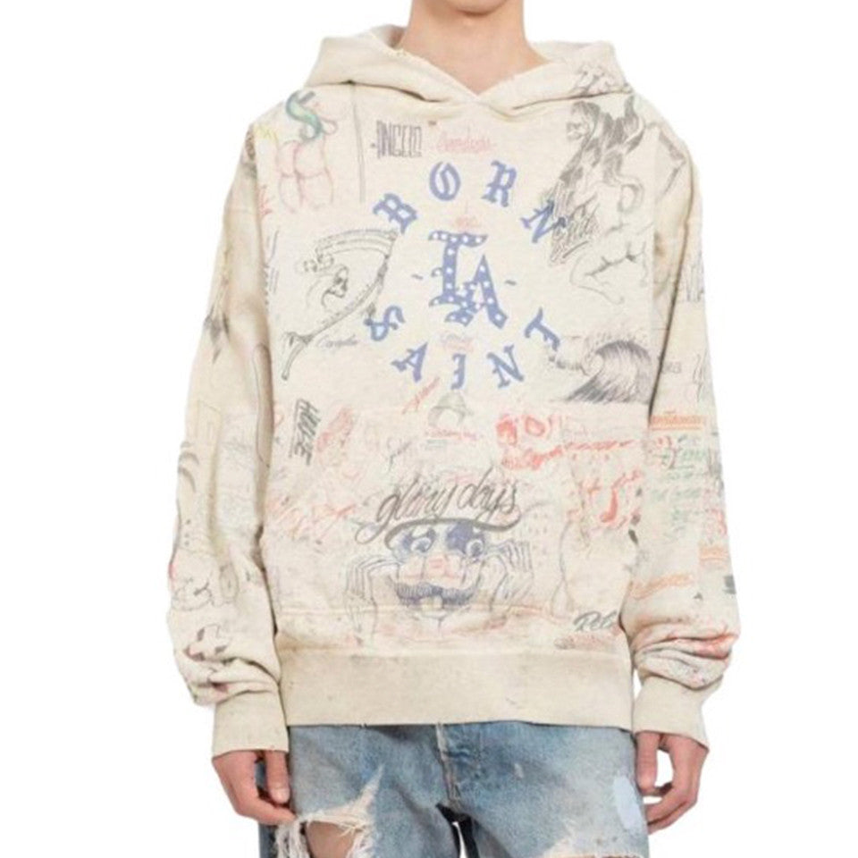 Saint Michael x Born x Raised Men's Spring And Autumn Graffiti Cotton Hooded Pullover Fitted Solid Color Long Sleeve Sweatshirt Ngvp #9284