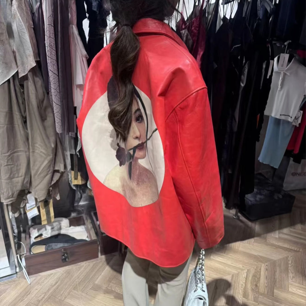 Yohji Yamamoto Pour Homme X Fan Bingbing Portrait Leather Jacket Men's Women's Autumn/winter Fashion Red Lapel Leather Zip Jacket Ngvp #9866