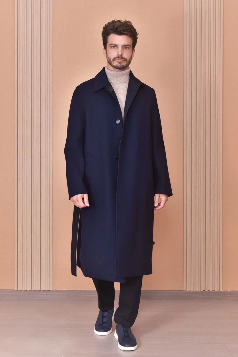 Loro Piana Men's Reversible Double-Faced Coat with Belt. Single-Button Lapel. Long Fit Jacket Ngvp #2336