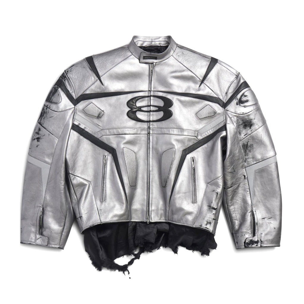 Balenciaga Men's Autumn and Winter Solid Color Irregular Shape Round Neck Zipper Long Sleeve Leather Jacket #75194