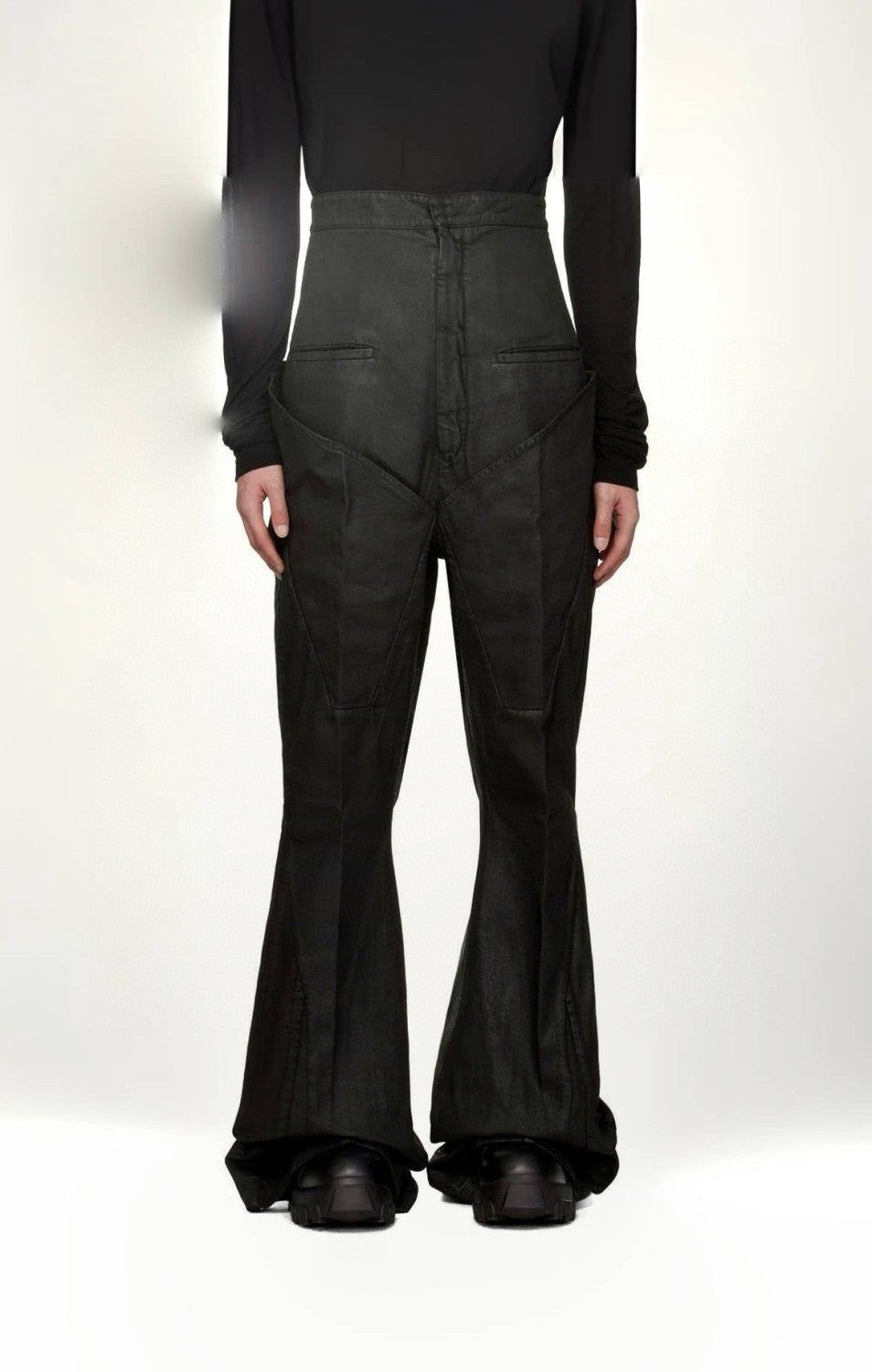 Rick Owens Men's Women's Four Seasons Solid Color Waxed High Waist Wide Leg Pants Casual Denim Flare Pants Ngvp #9666