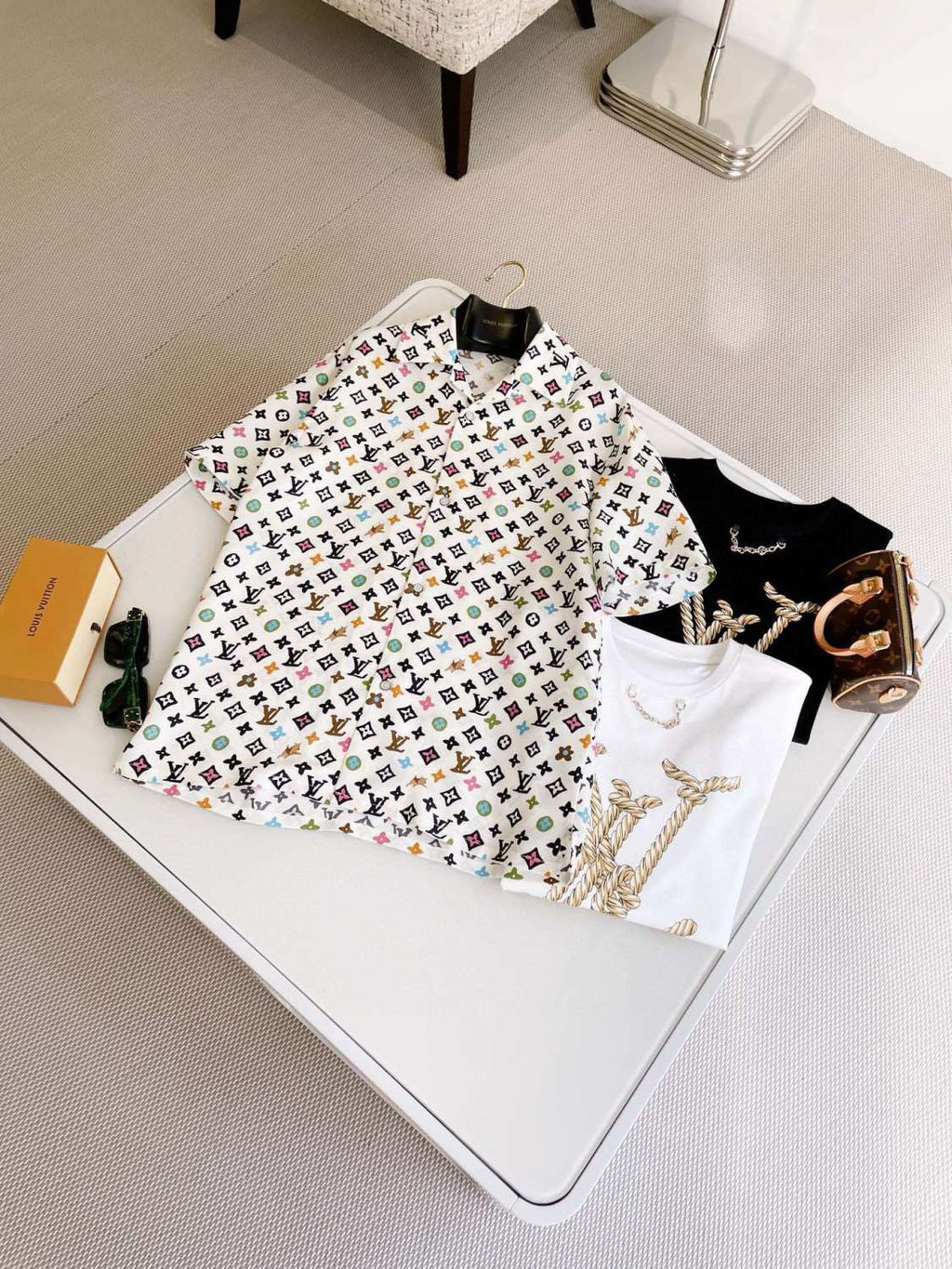 Louis Vuitton Men's Summer Logo Full Print Single Breasted Silk Short Sleeve Shirt #99595