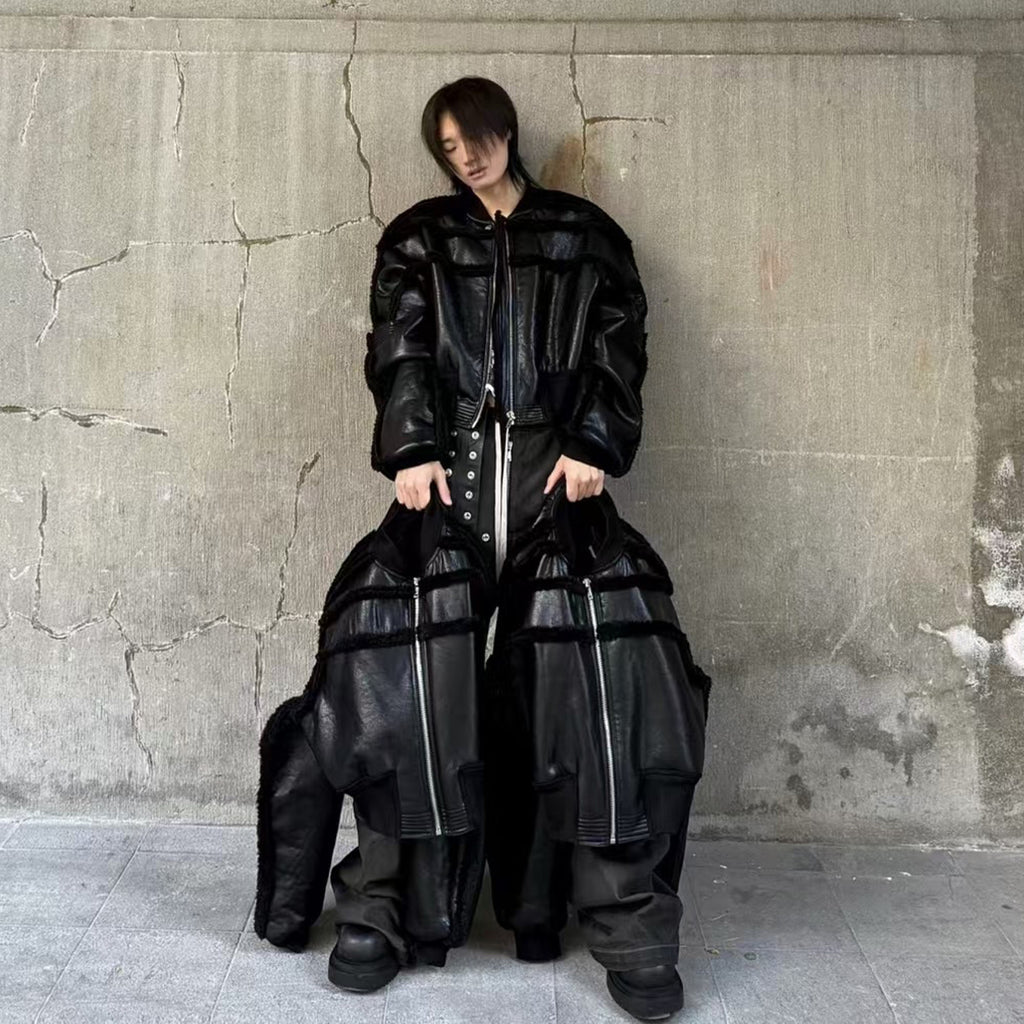 Rick Owens Ro Fur One Autumn And Winter New Fashion Splicing Leather Jacket Coat High Street Trend Hip Hop Dark Style Warm Coat Ngvp #9719