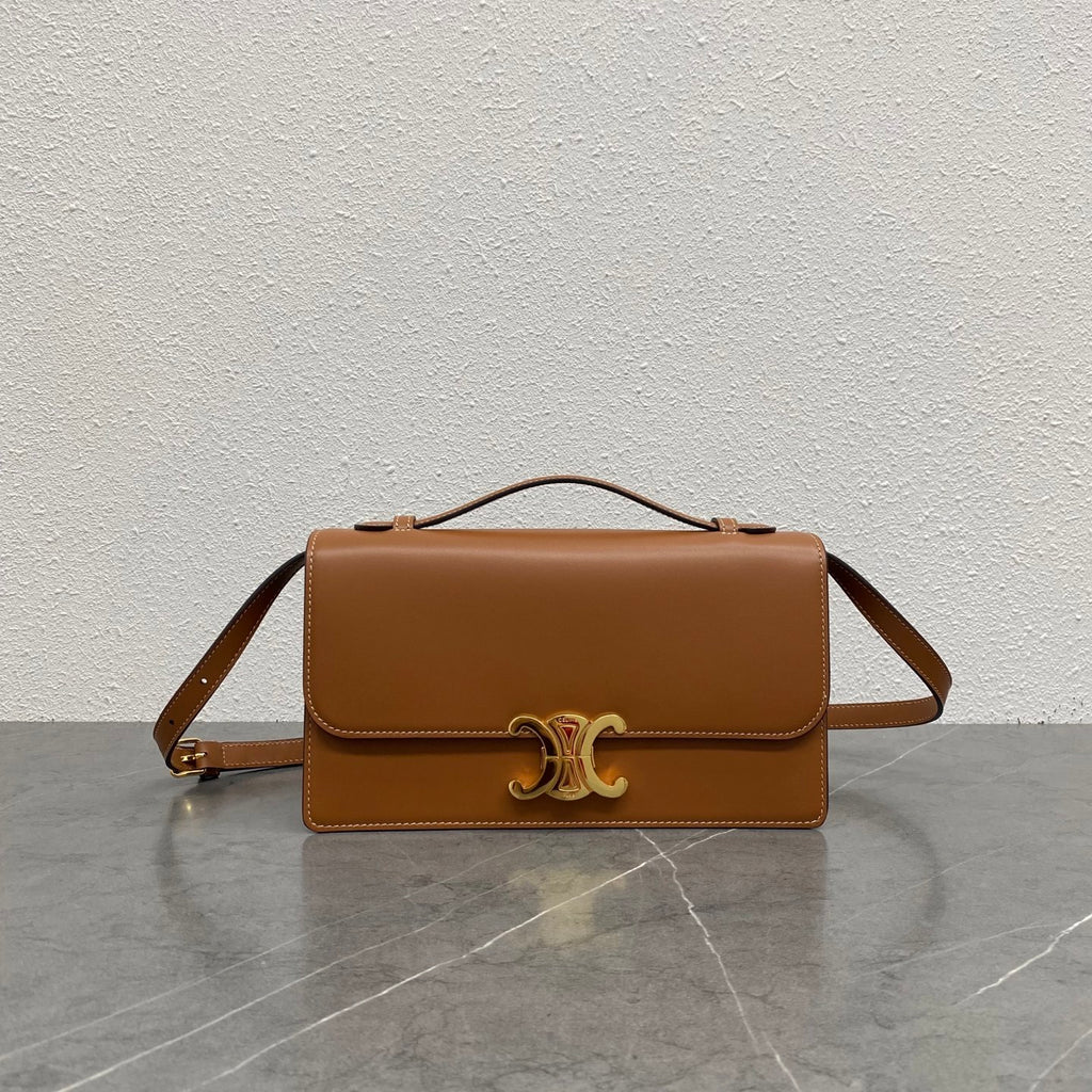 Celine Triomphe Women's Handbag Black Medium-sized Crossbody Bag With Gold Buckle And Flap Brown Stylish Elegant And Casual Bags #84132A
