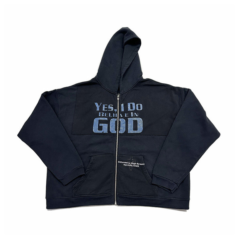 Enfants Riches Deprimes Men's Solid Color Spring And Autumn I Believe In God Printed Loose Long Sleeve Zipper Hooded Sweatshirt Ngvp #7748