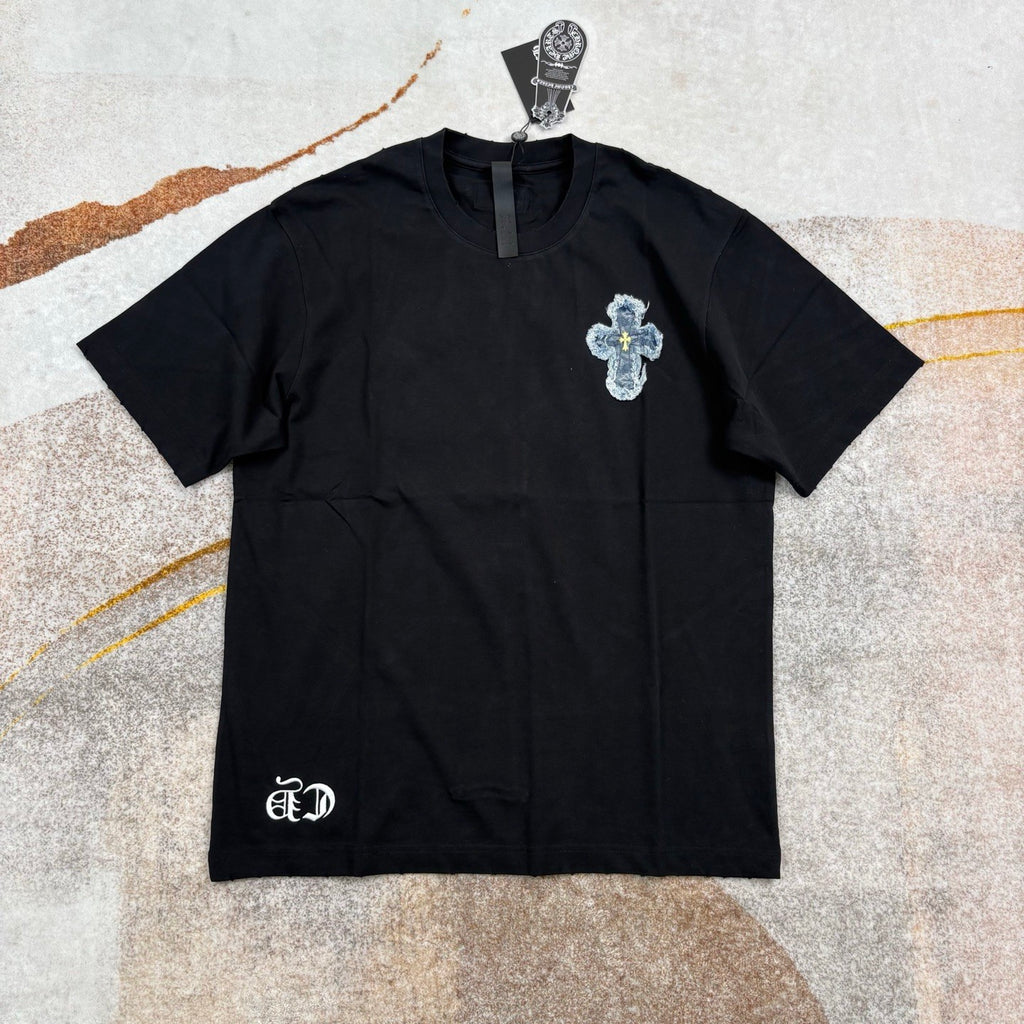 Chrome Hearts Men's And Women's Summer Solid Color Embroidered Denim Printed Cotton Crew Neck Short Sleeve T-shirt #77395